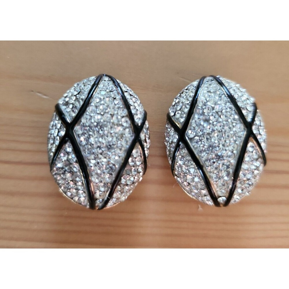 Vintage Ciner Statement Sparkling Rhinestone Pave Black Enamel Clip On Earrings